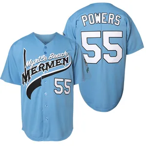 Maglia da baseball ricamata azzurra Powers 55 con viste dettagliate frontale e posteriore.