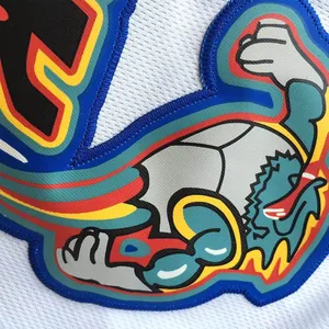 Close-up of high-quality colorful embroidery on retro white mesh movie basketball jersey