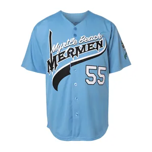 Dettaglio della maglia da baseball ricamata Myrtle Beach Mermen #55 celeste