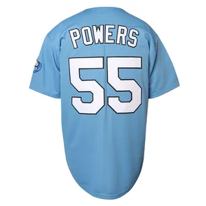 Vista posteriore della maglia da baseball Powers 55 blu chiaro con ricamo del film