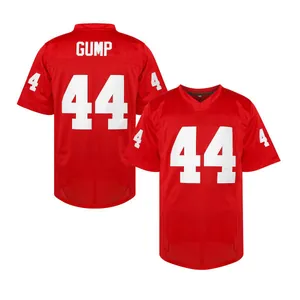 Maglia da football americano retrò rossa con ricamo GUMP 44, vista fronte e retro.