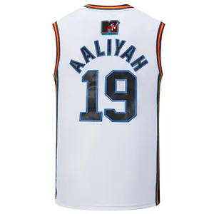 Vintage white basketball jersey featuring Aaliyah 19 and MTV logo with striped trim