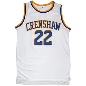 Close-up view of a white retro basketball jersey featuring blue Crenshaw 22 embroidery