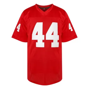 Vista frontale dettagliata di una maglia da calcio rossa vintage con il numero 44