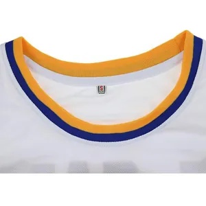 Close-up view of white mesh basketball jersey neckline with yellow and blue ribbing detail