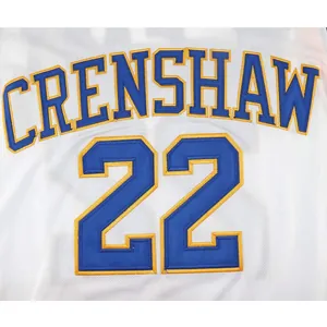 Close-up of embroidered CRENSHAW 22 on white vintage hip hop basketball jersey mesh.