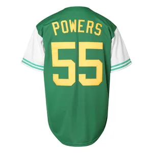 Rückansicht eines grünen Baseball-Trikots mit gelber Powers 55 Stickerei