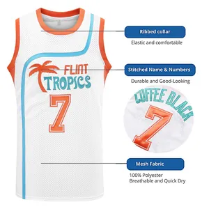 Detailed view of white Flint Tropics retro basketball jersey with stitched name and numbers