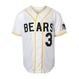 Classic white baseball jersey with embroidered Bears 3 movie version design detail