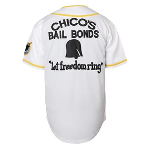 Back view of a white embroidered baseball jersey with 'Chico's Bail Bonds' movie design