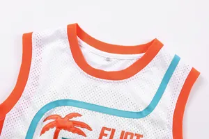 Close-up of retro mesh basketball jersey with embroidered palm tree and orange trim detail