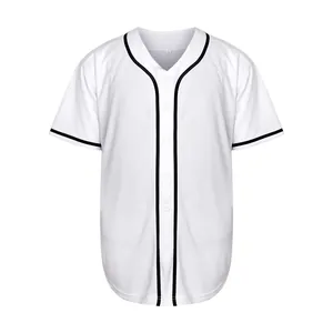 Front view of a white blank baseball jersey with black piping and button details
