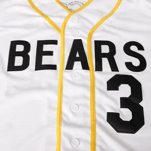 Detail of embroidered 'BEARS' text and number 3 on white mesh baseball jersey