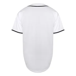 Back view detail of a high-quality white blank baseball jersey with black trim
