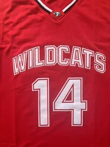 Close-up detail of the red Wildcats basketball jersey with number 14 white embroidery