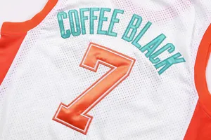 Close-up of embroidered COFFEE BLACK text and number 7 on a retro basketball jersey.