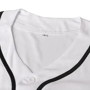Close-up view of a white baseball jersey neckline with black trim and L size tag