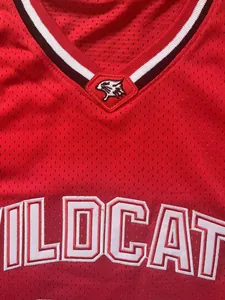 Detailed macro view of red mesh basketball jersey featuring high-quality Wildcat logo embroidery