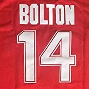 Close-up detail of embroidered Bolton 14 on red Wildcats movie replica basketball jersey