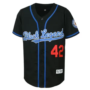 Classic black embroidered baseball jersey featuring Black Legend text and red number forty-two