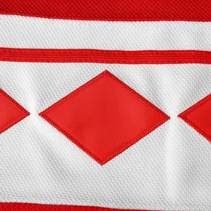 Macro view of high-quality embroidery detail on red and white retro No. 20 hockey jersey