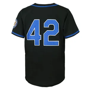 Back view of black vintage baseball jersey with embroidered number 42 in blue.