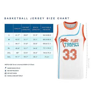 Vintage Flint Tropics #33 basketball jersey and size chart for retro sports style