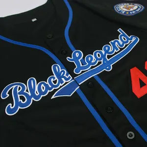 Close-up of black baseball jersey featuring blue Black Legend embroidery and red number 42 patch.