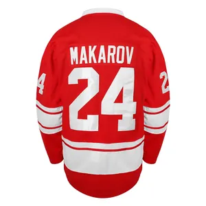 Vintage red and white hockey jersey with Makarov 24 embroidery, back view detail