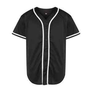 Close-up front view of a classic black baseball jersey with white piping accents.