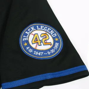 Close-up of embroidered number 42 patch on black retro hip-hop baseball jersey sleeve