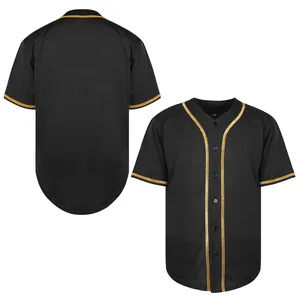 Professional detail view of a black baseball jersey with gold glitter trim, front and back