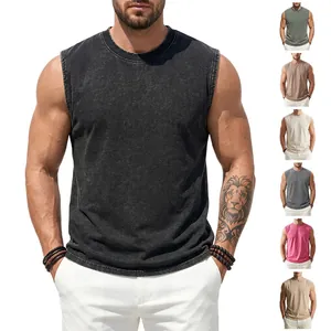 Men's vintage acid wash sleeveless t-shirt in pure 230G cotton, multiple colors.