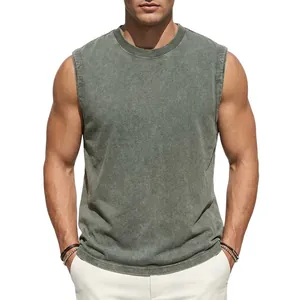 Close-up of 230G washed cotton sleeveless t-shirt featuring vintage faded texture.