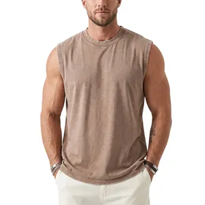Men's vintage water-washed pure cotton sleeveless crew neck t-shirt front view detail