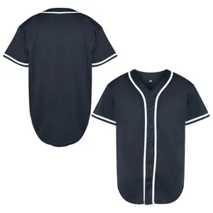 Front and back view of a professional navy blue baseball jersey with white contrast trim.