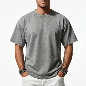 Close-up detail of a premium 200G cotton washed distressed grey t-shirt for men