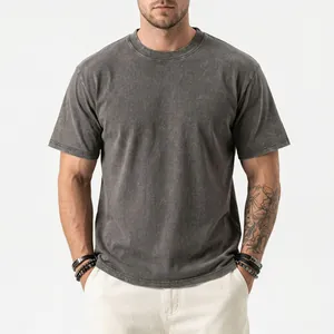Heavyweight vintage washed grey cotton T-shirt with drop shoulder and crew neck design.