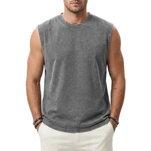 Front view detail of a 230G heavy cotton acid washed sleeveless tank top for men