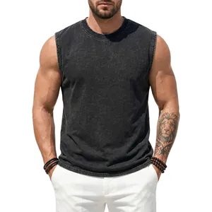 Close-up detail of the acid-washed vintage heavy cotton sleeveless tank top for men
