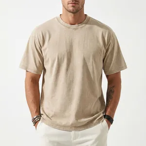 Front view of men's washed vintage beige cotton t-shirt with oversized fit