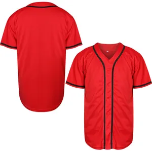 Front and back view of a red sports baseball jersey with black stripe detailing