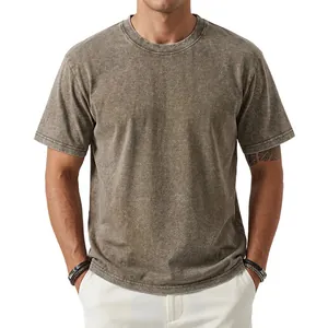 Detailed view of heavy vintage washed t-shirt fabric texture and round neck