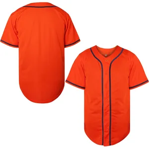Detailed front and back view of orange baseball jersey with navy piping