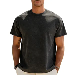 Detail view of a heavy 230g washed distressed men's T-shirt in vintage grey color.
