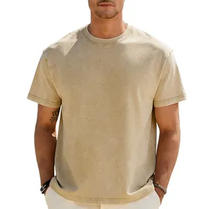 Detailed view of a men's retro acid wash heavyweight oversized t-shirt in sand color