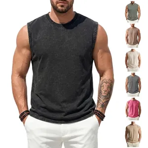 Men American Retro 230G Cotton Washed Distressed Crew Neck Sleeveless T-Shirt Streetwear Vest Tank Top Casual Loose Top