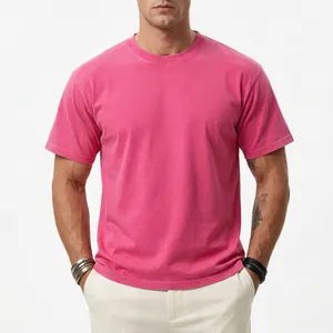 Front view of a 200G washed pink cotton T-shirt in loose American street style