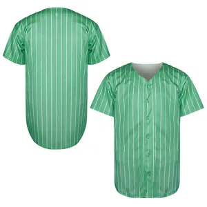 Detailed front and back view of a green pinstripe baseball jersey with button-up closure