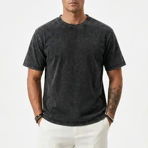 Detail front view of heavyweight acid washed vintage gray t-shirt with drop shoulders